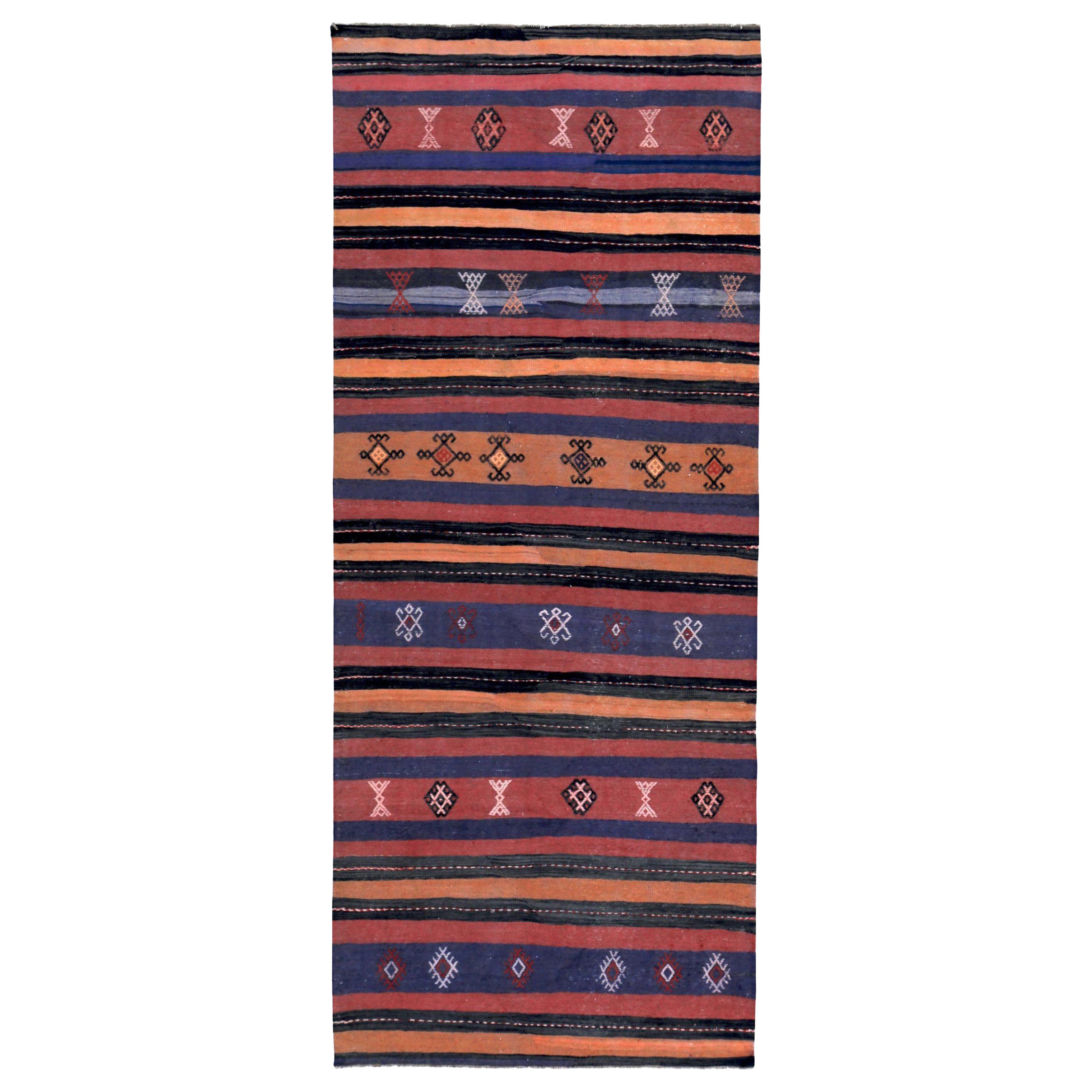 Petit tapis persan Kilim datant d'environ 1910, motif en laine bleu orange rose - 89426