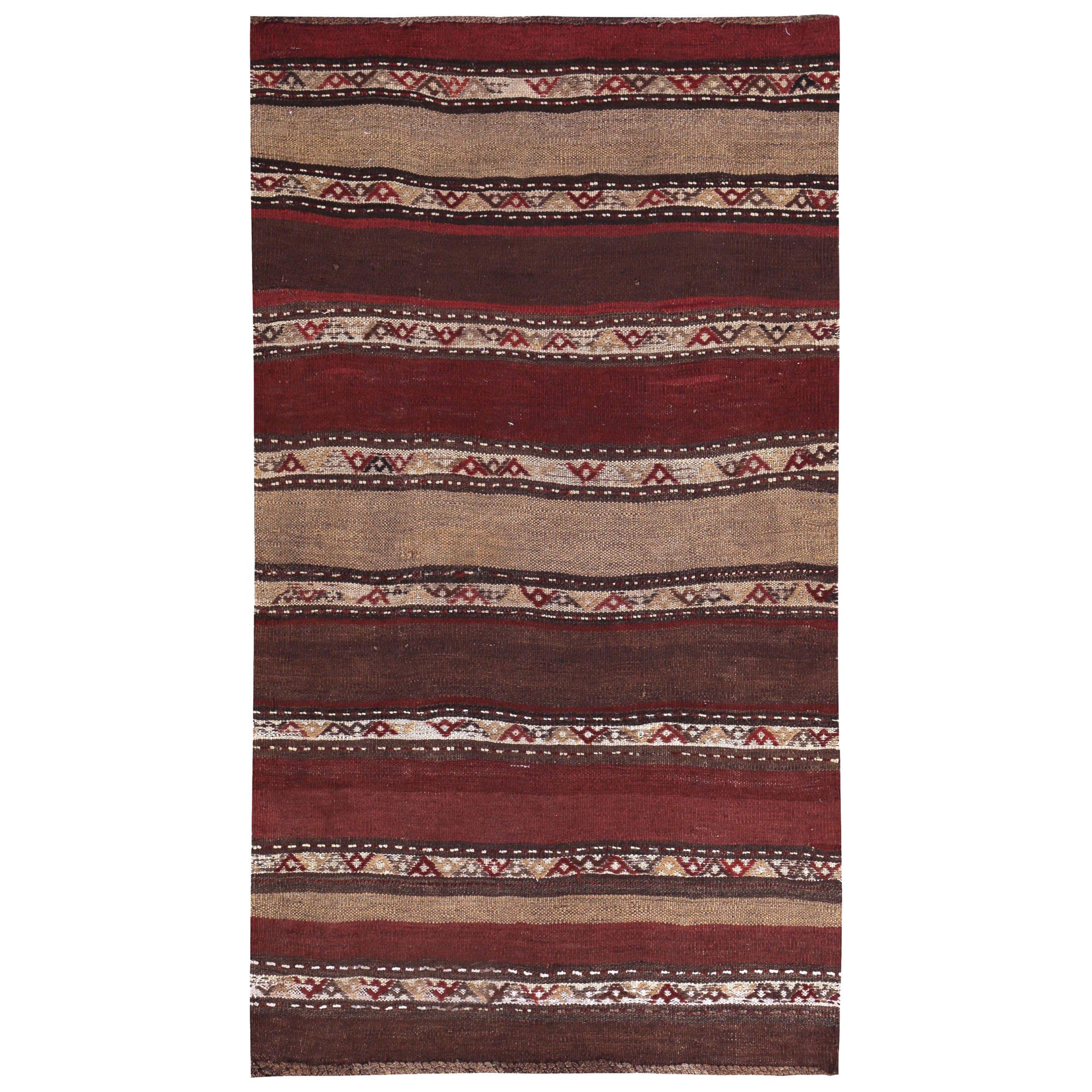 Persischer Kilim Kleiner Teppich Circa 1910 - Wolle Braun Elfenbein Rot Design - 89436