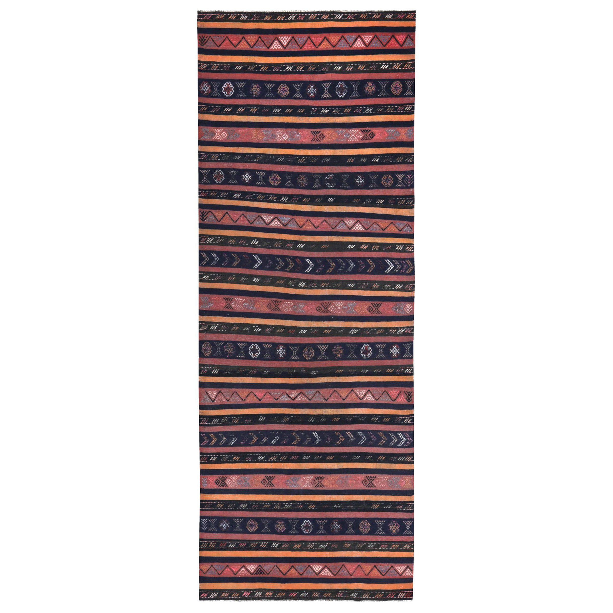 Persian Kilim Area Rugs Circa 1910 - Wool Navy Blue Pink Yellow Design - 89427