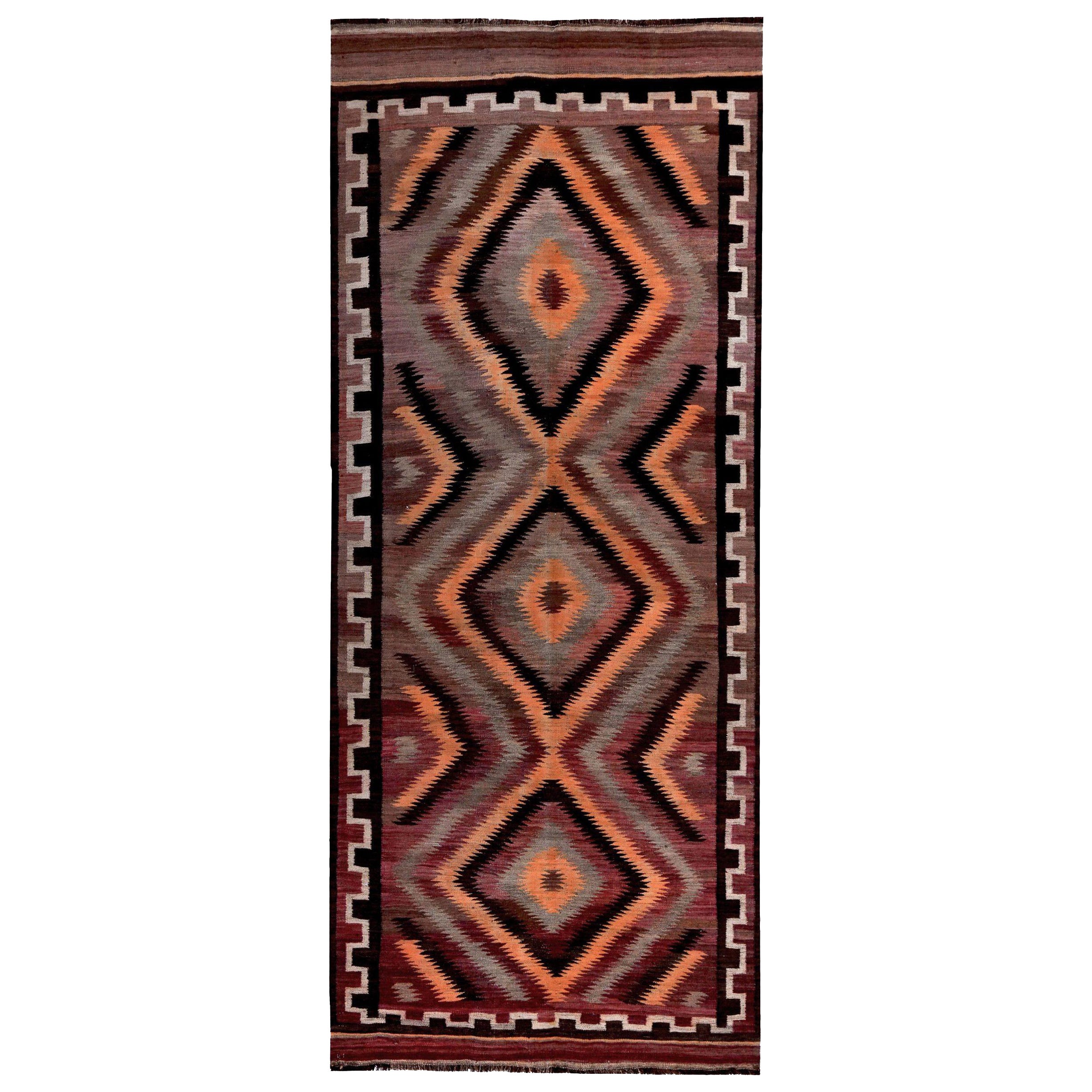 Persian Kilim Small Rug Circa 1910 - Wool Brown Orange Pink Design - 89429