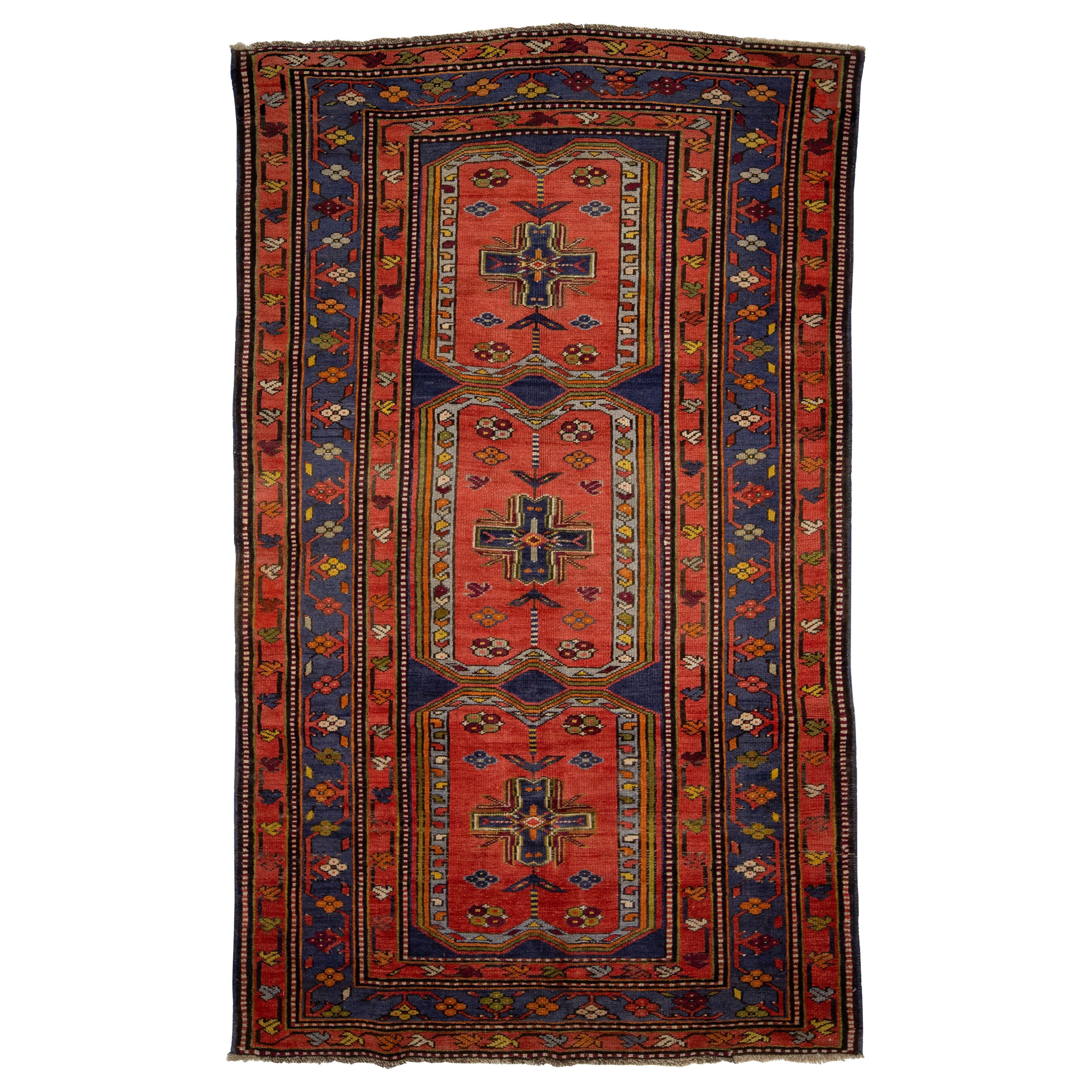 Alfombra de lana kurda antigua hecha a mano de color rojo con diseño tribal