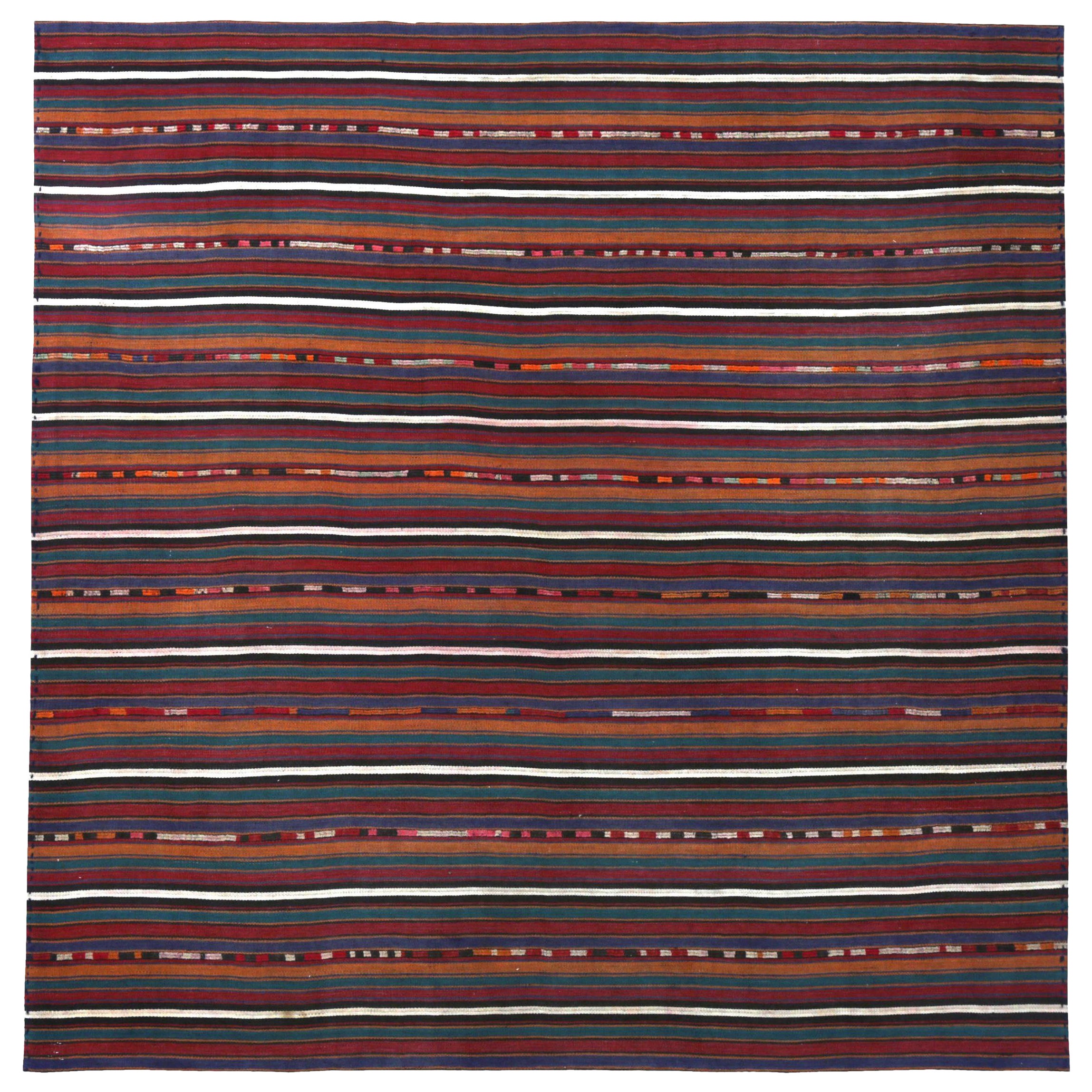 Tapis Kilim persans carrés datant d'environ 1910 - motif en laine bleu orange rouge - 89474