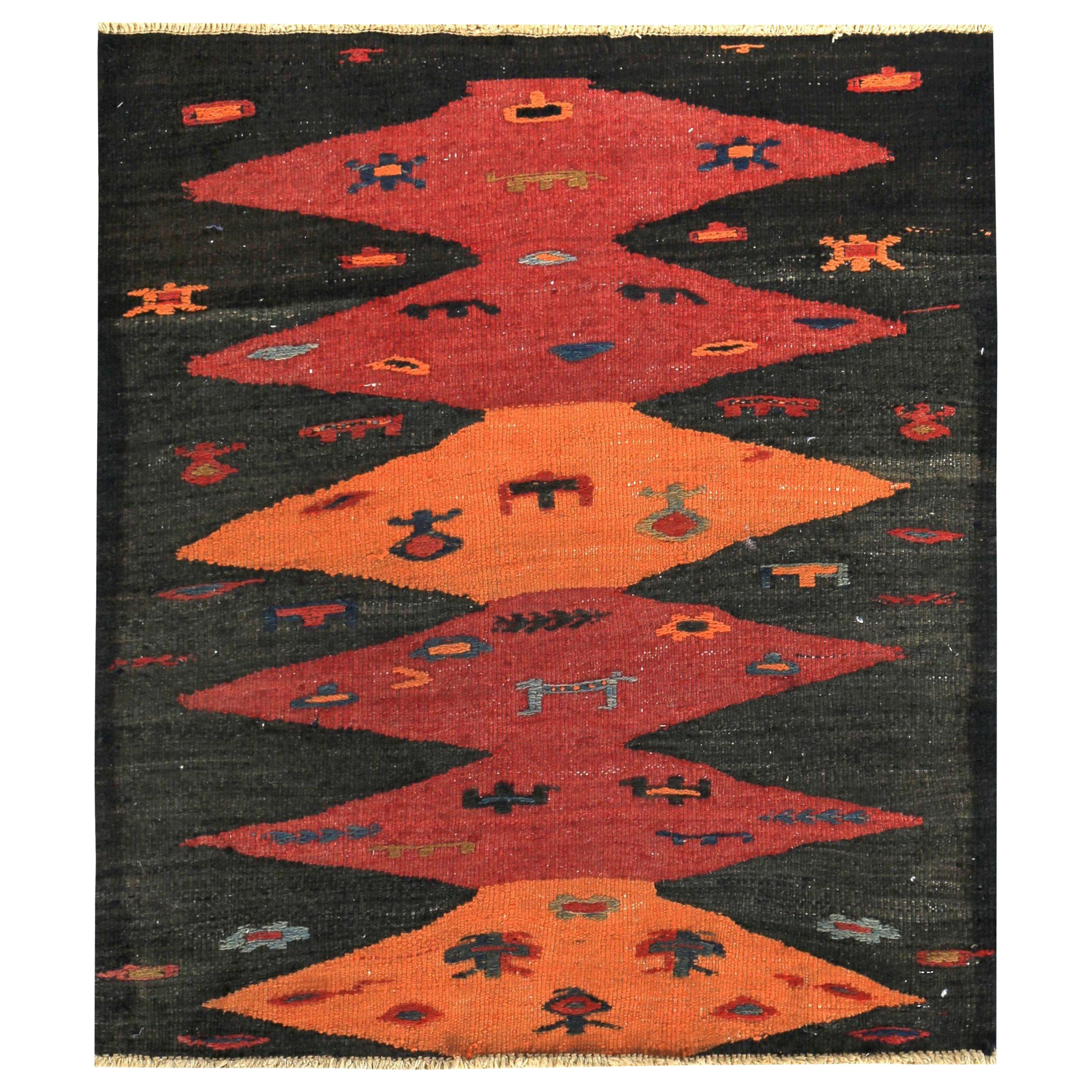 Persian Kilim Small Rug Circa 1910 - Wool Brown Orange Red Design - 89512