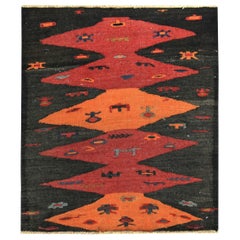 Persian Kilim Small Rug Circa 1910 - Wool Brown Orange Red Design - 89512