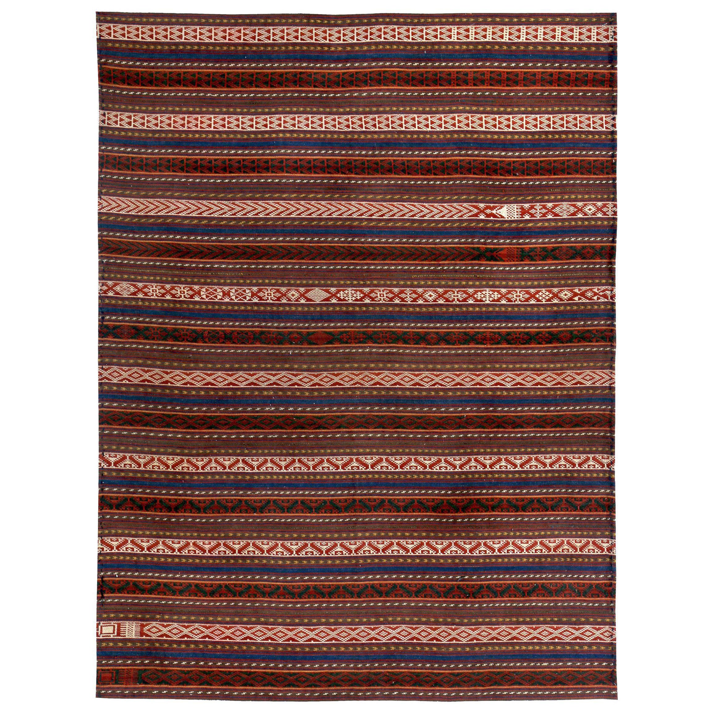 Petit tapis persan Kilim datant d'environ 1910 - Design en laine bleu ivoire rouge - 89498