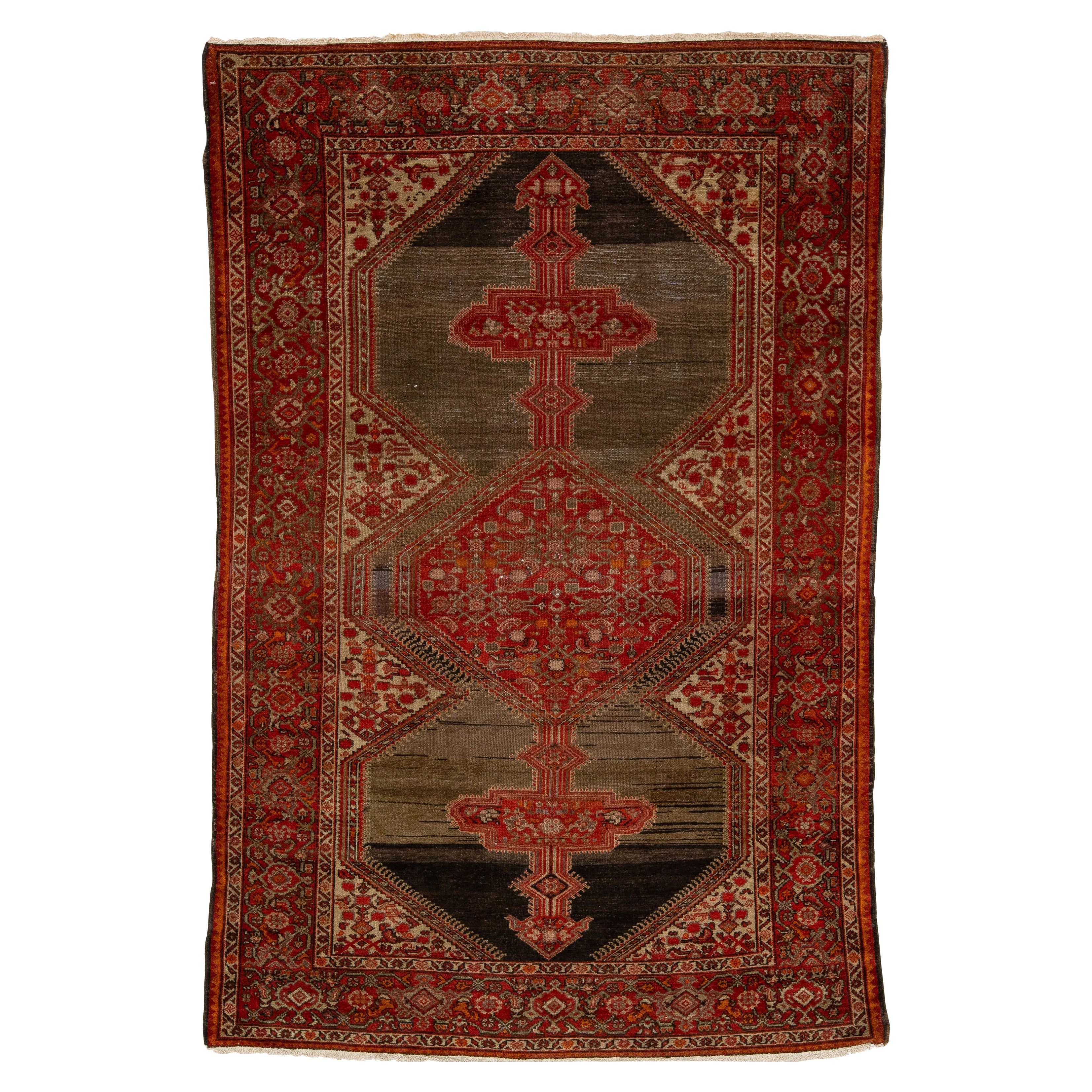 Antike Malayer Persisch Sactter Wolle Teppich In Brown mit Tribal Design