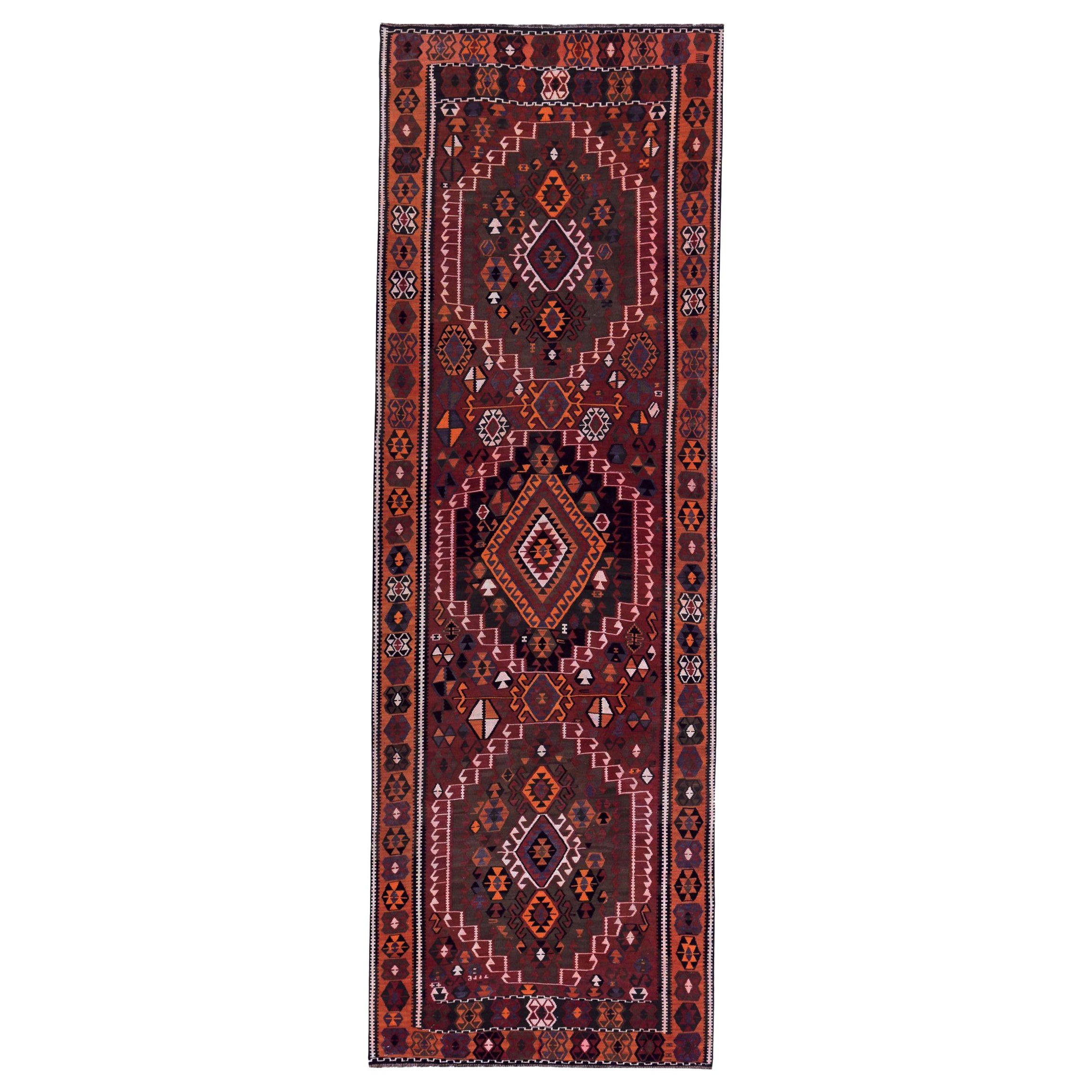 Persian Kilim Runner Rug Circa 1910 - Wool Brown Orange Red Design - 89519
