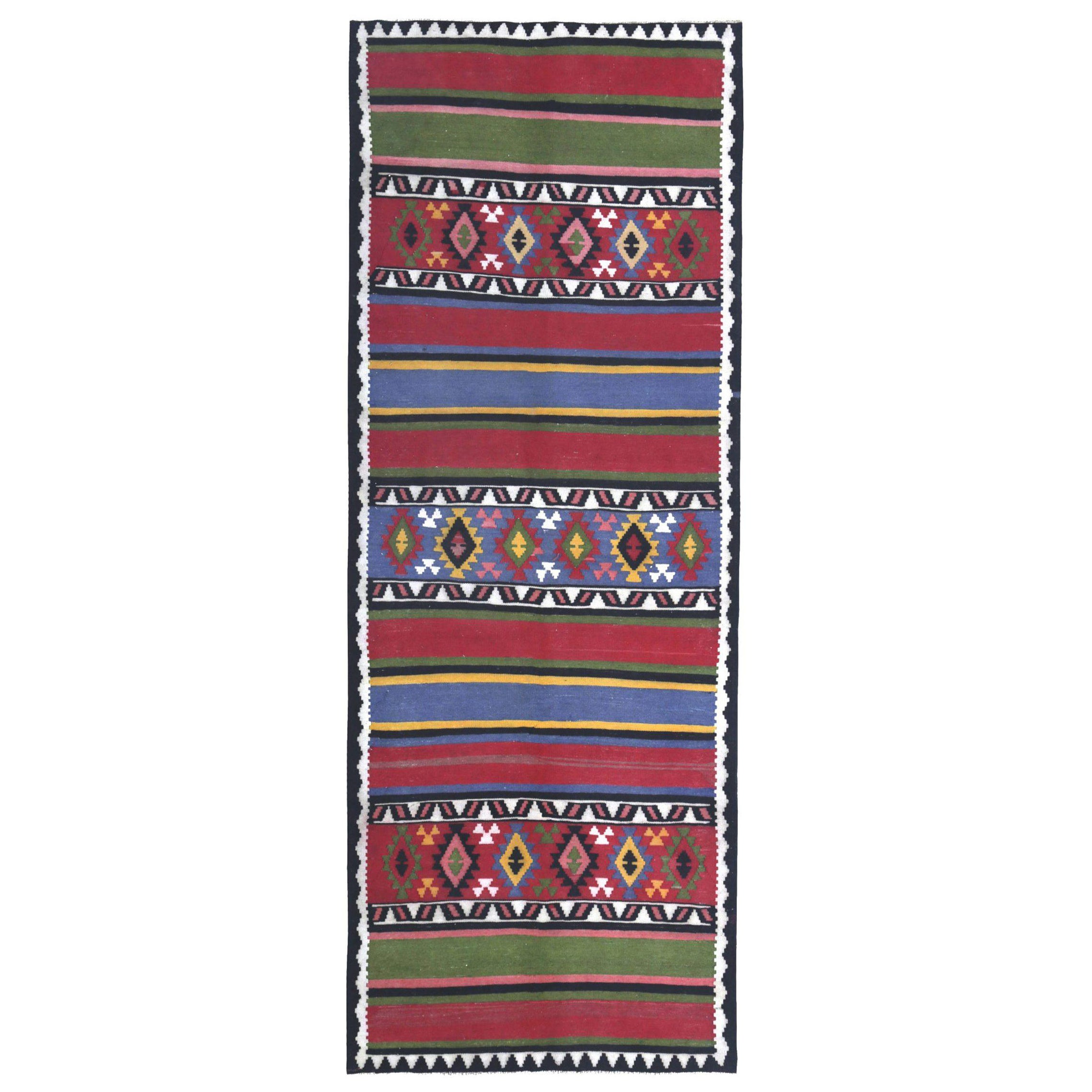 Persian Kilim Runner Rug Circa 1910 - Wool Blue Green Pink Yellow Design - 89529