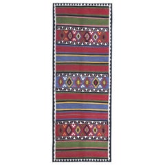 Persian Kilim Runner Rug Circa 1910 - Wool Blue Green Pink Yellow Design - 89529