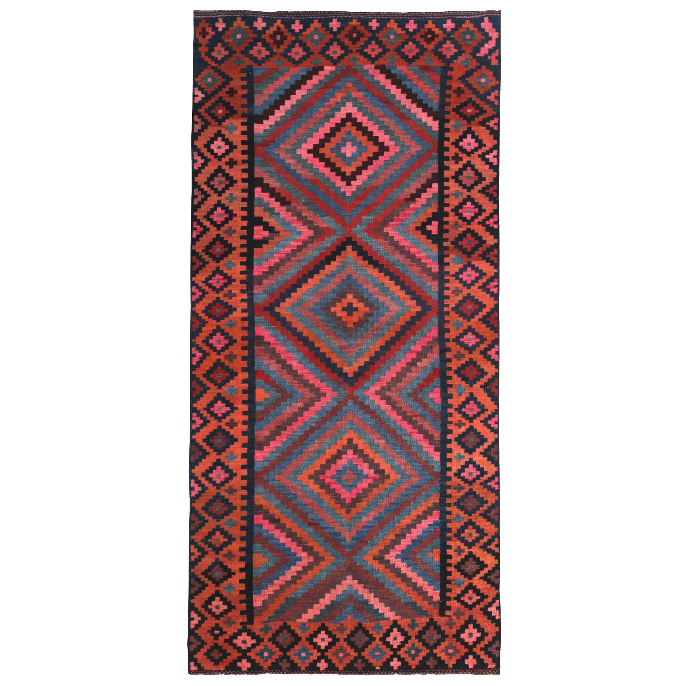 Alfombra Persa Kilim Pequeña Circa 1910 - Lana Azul Naranja Diseño Rosa - 89561