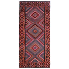 Alfombra Persa Kilim Pequeña Circa 1910 - Lana Azul Naranja Diseño Rosa - 89561