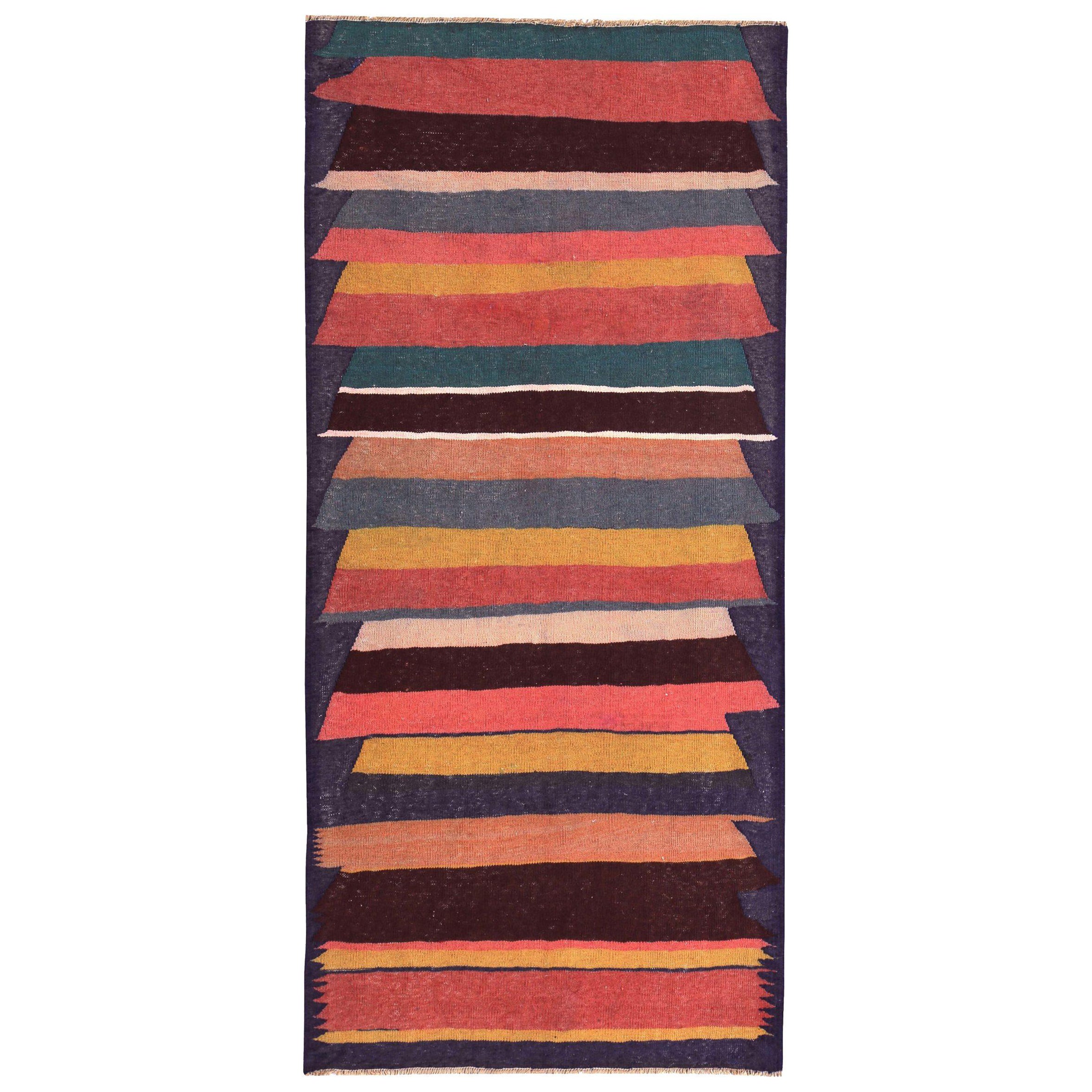 Persian Kilim Small Rug Circa 1910 - Wool Blue Pink Yellow Design - 89550