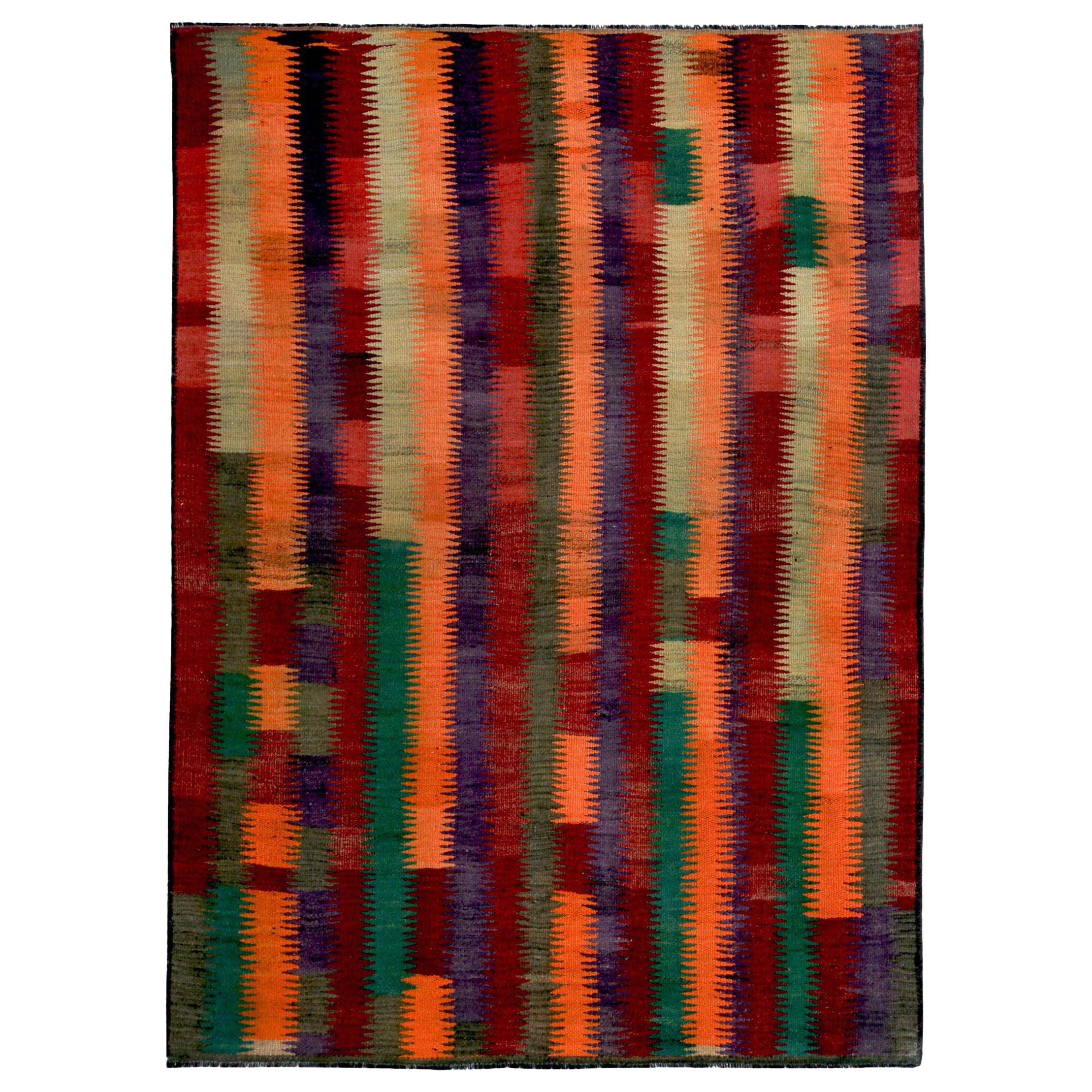 Alfombra Persa Kilim Pequeña Circa 1910 - Lana Verde Naranja Purpel Design - 89553