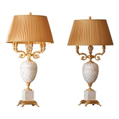 Pair of Marble, Mother-of-Pearl Veneered, and Gilt Bronze Six-Light Candelabra