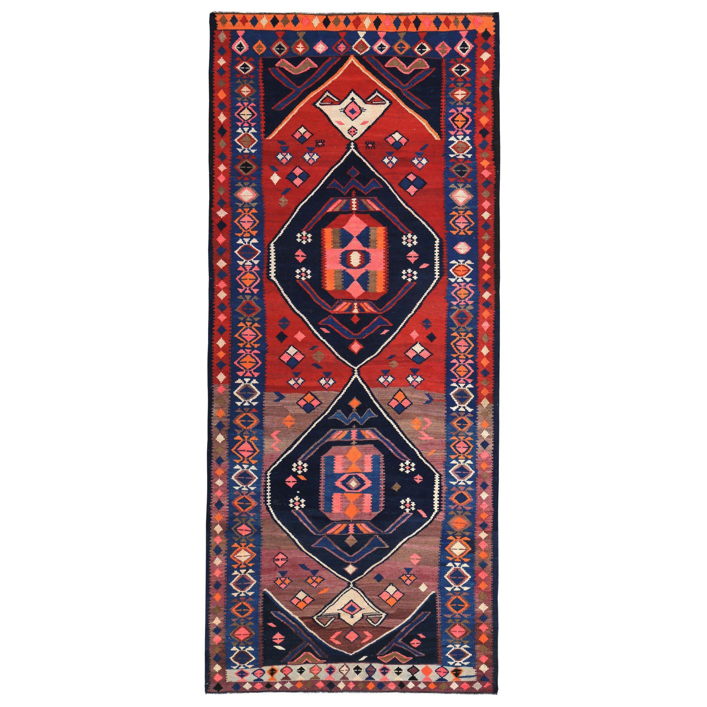 Persische Kelim-Teppiche um 1910 - Wolle Schwarz Blau Rot Design - 89572