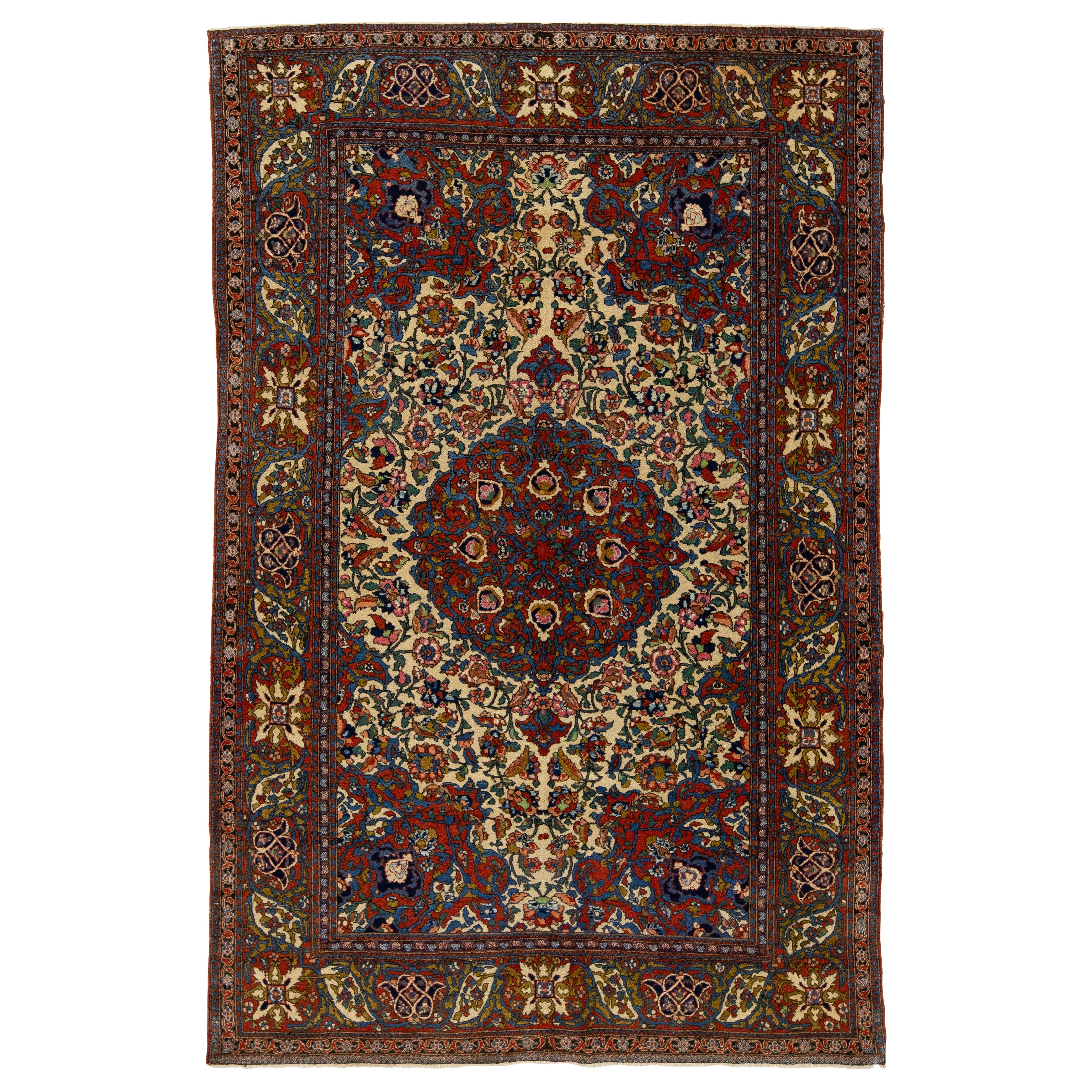 Ancien tapis persan Kerman en laine beige avec un motif de rosette