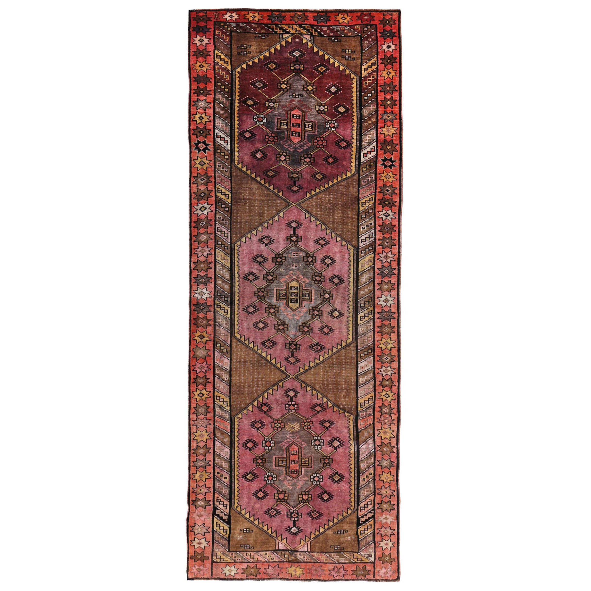 Persian Azerbaijan Small Rug - Wool Brown Pink Yellow Design - 89615