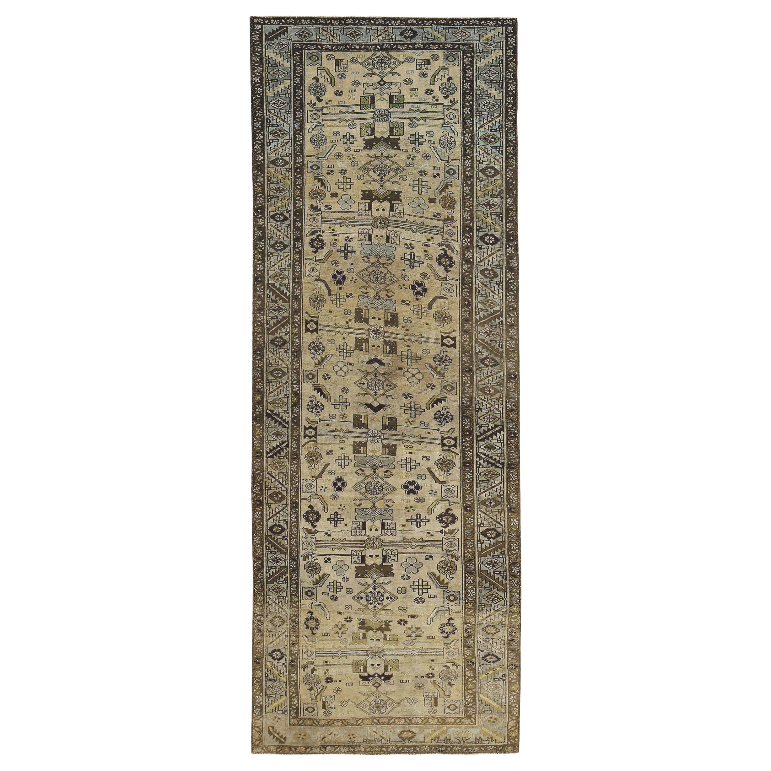 Tapis de course persan Azerbaïdjan - Laine Brown Green Ivory Design - 89641