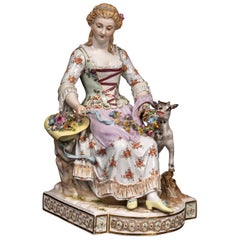 19th C. Meissen Porcelain Group of a Woman Seated w/ Bowl of Flowers & Pet Goat