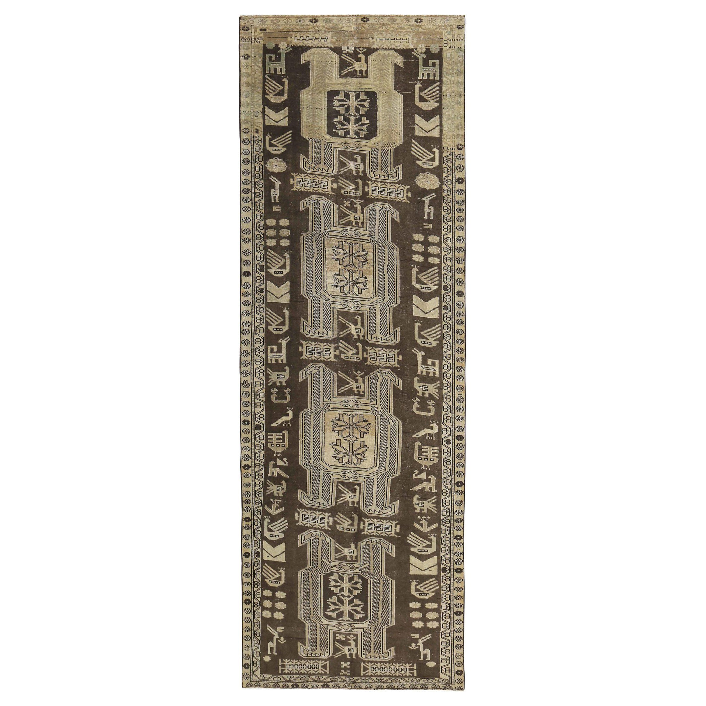 Persisch Aserbaidschan Läufer Teppich CIRCA 1910 - Wolle Braun Elfenbein Design - 89682