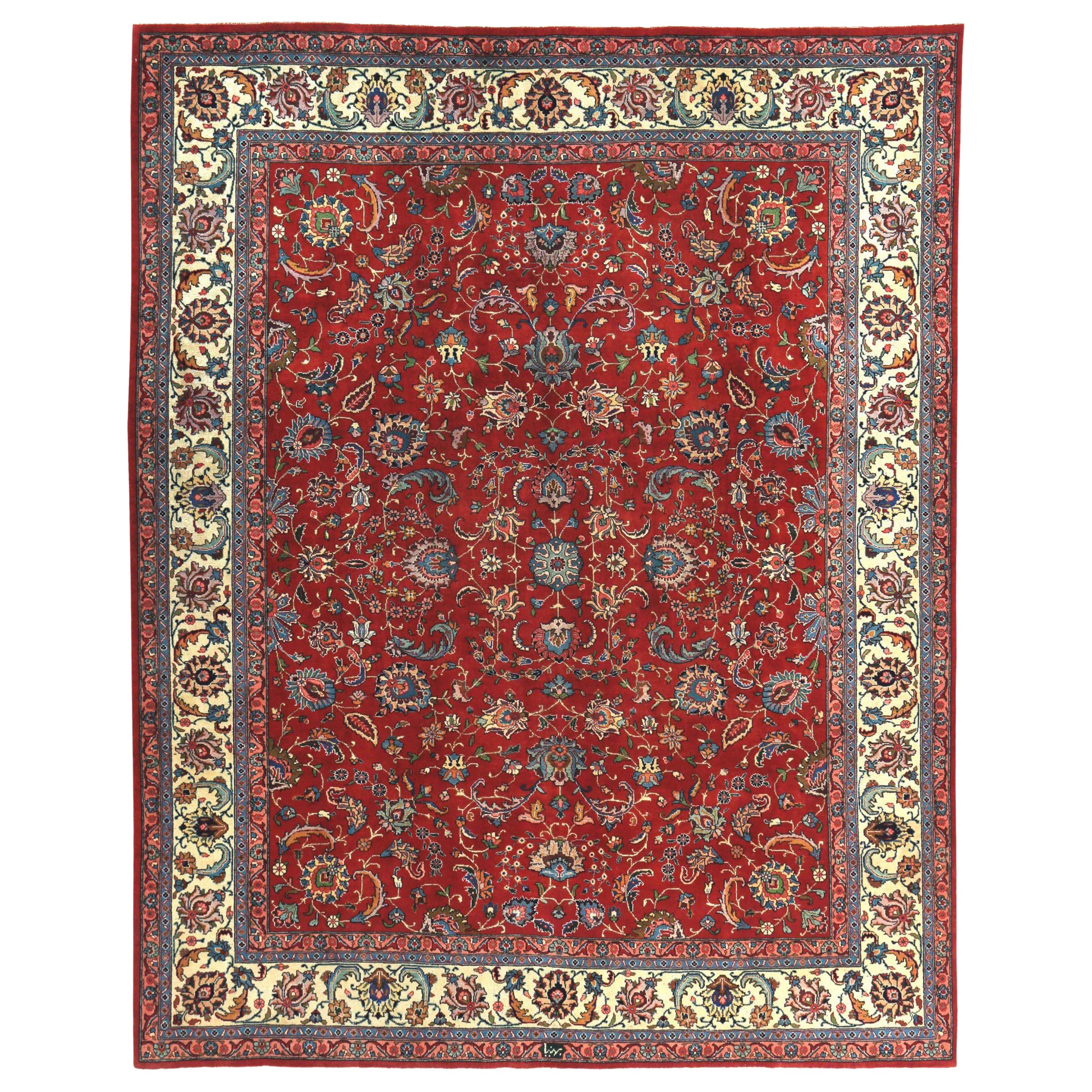 Tapis persans de Tabriz datant d'environ 1940 - Design en laine bleu ivoire rouge - 89700