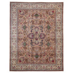 Persian Tabriz Area Rugs Circa 1940 - Wool and Silk Ivory Pink Design - 89702