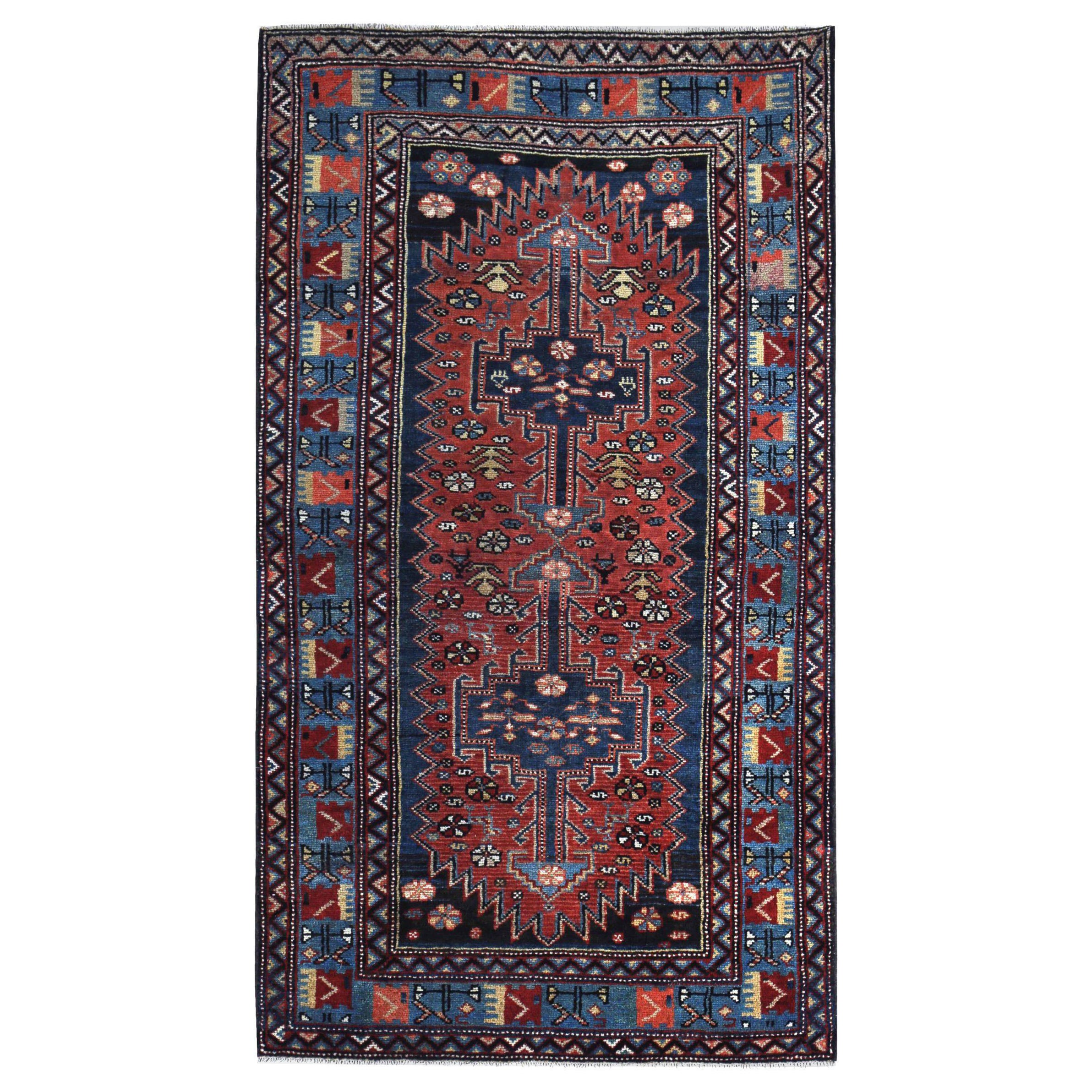 Alfombra Persa Zanjan Small Circa 1910 - Lana Azul Rojo Design - 89692