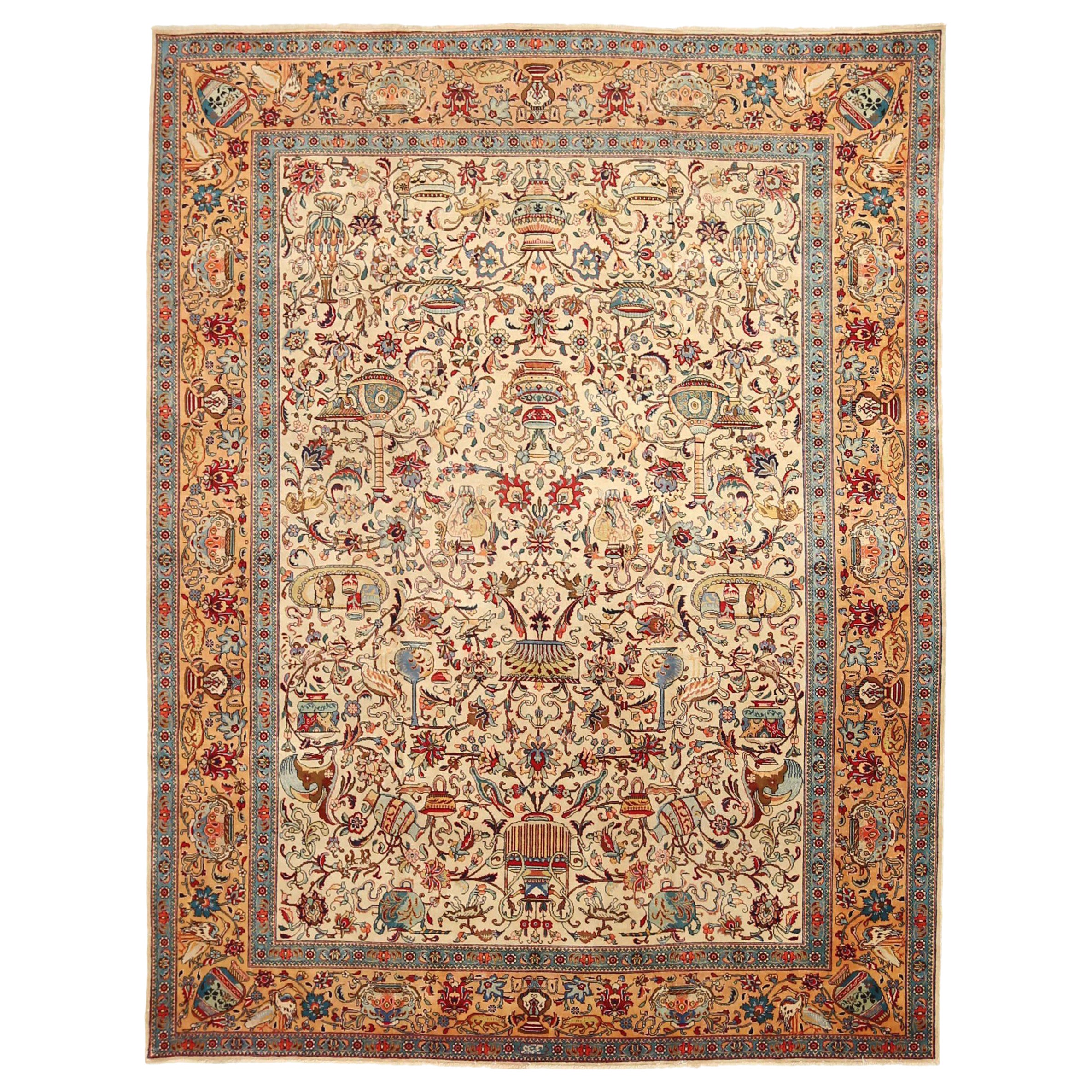 Persische Tabriz Bereich Teppiche CIRCA 1910 - Wolle Elfenbein Gelb Design - 89703