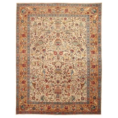 Tapis persans de Tabriz datant d'environ 1910, motif en laine ivoire jaune et jaune - 89703