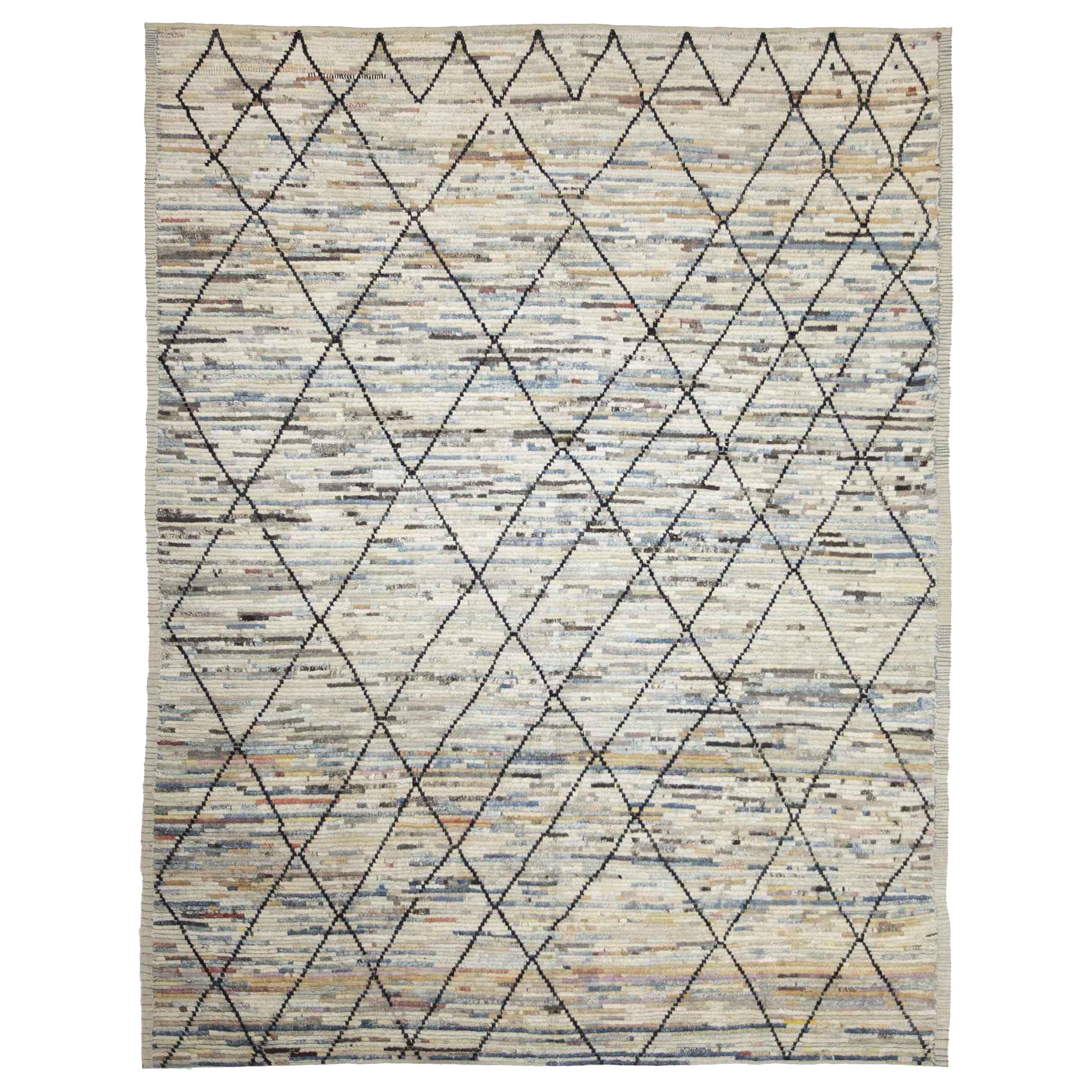 Afghanistan Moroccan Area Rugs Circa 1990 - Wool Blue Brown Ivory Design - 89851