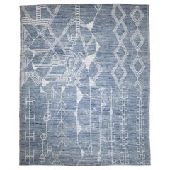 Afghanistan Moroccan Area Rugs Circa 1990 - Wool Blue Ivory Design - 89864