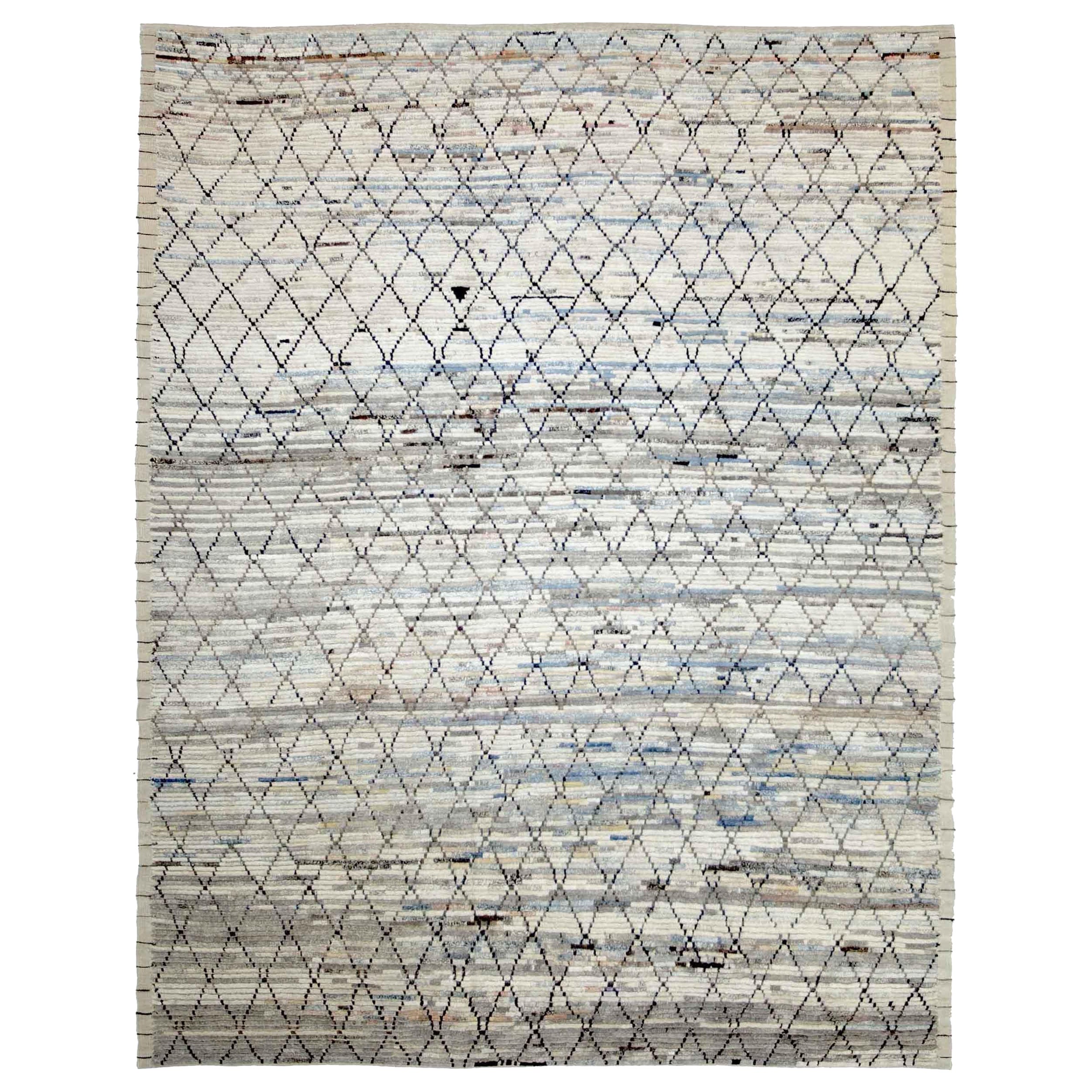 Afghanistan Moroccan Area Rugs Circa 1990 - Wool Blue Brown Ivory Design - 89886
