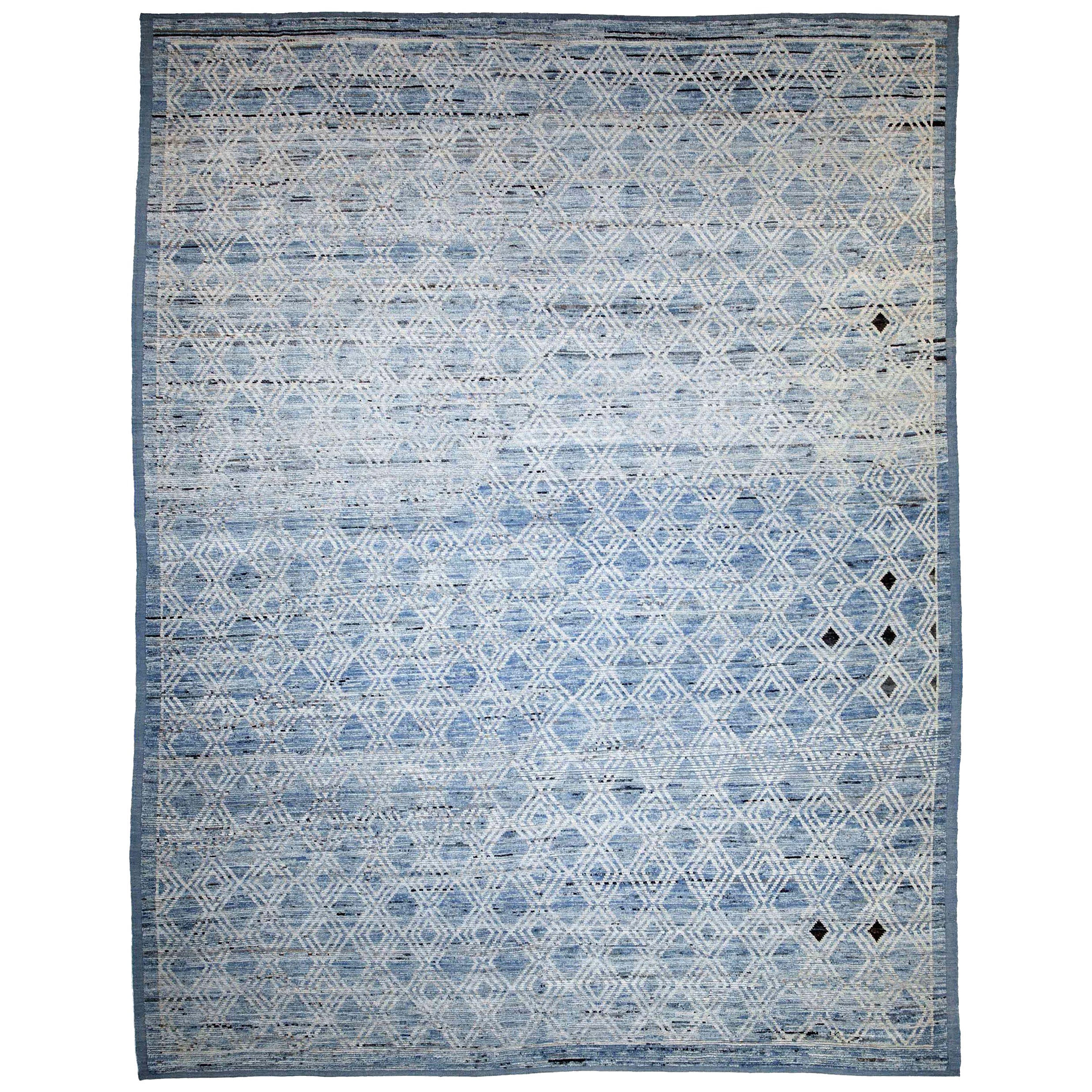 Afghanistan Moroccan Area Rugs Circa 1990 - Wool Blue Ivory Design - 89919