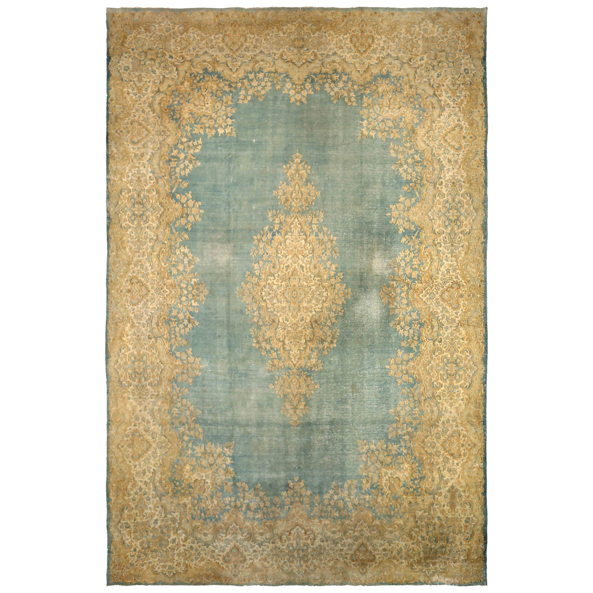 Persische Kerman Bereich Teppiche CIRCA 1880 - Wolle Blau Elfenbein Gelb Design - 89988