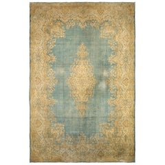 Persian Kerman Area Rugs Circa 1880 - Wool Blue Ivory Yellow Design - 89988