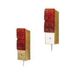 Pair of Erik Höglund Style Orange Molded Glass and Brass Sconces, Austria, 1960s