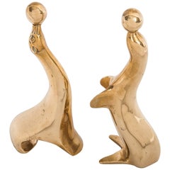 Vintage Set of Two Seals Playing with Balls Made of Brass