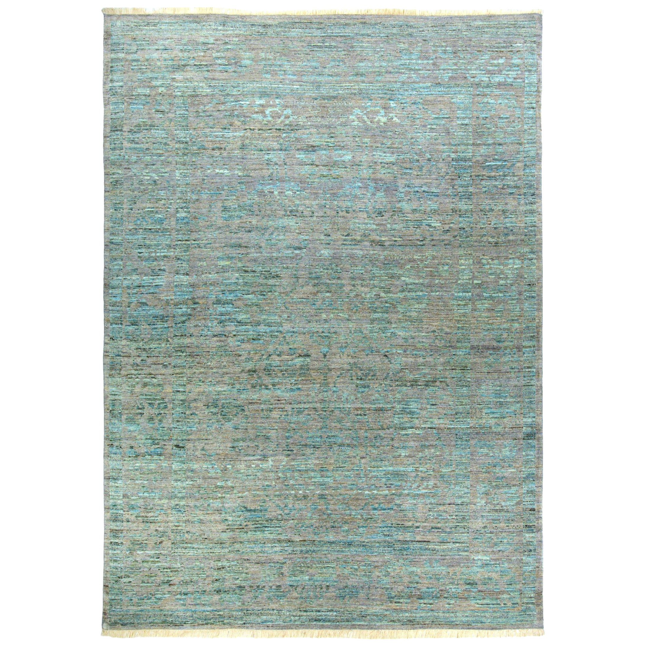 Persian Oushak Area Rugs Circa 1990 - Wool Blue Brown Design - 89957 For Sale