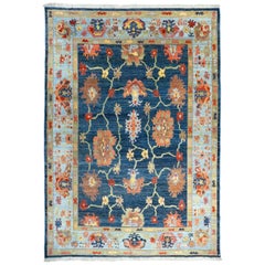 Tapis persans Oushak vers 1990 - Motif en laine bleu marine bleu orange - 89958