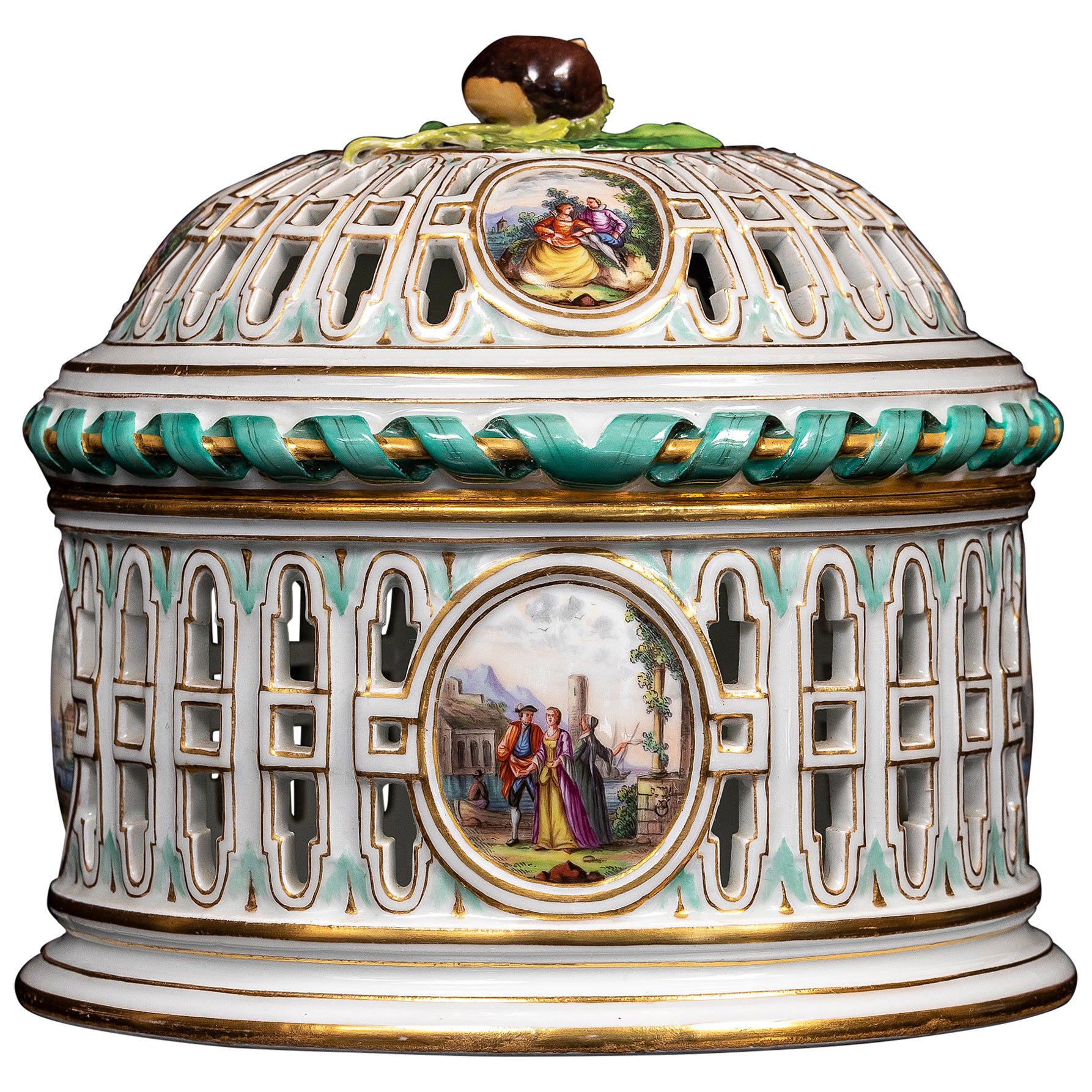 19th C Meissen Porcelain Covered Openwork Filigree Centerpiece w/ Watteau Scenes