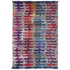 Tapis Kilim d'Afghanistan vers 1990 - Laine bleu ivoire rouge revers rouge - 90015