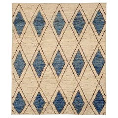 Afghanistan Moroccan Area Rugs Circa 1990 - Wool Blue Brown Ivory Design - 90426