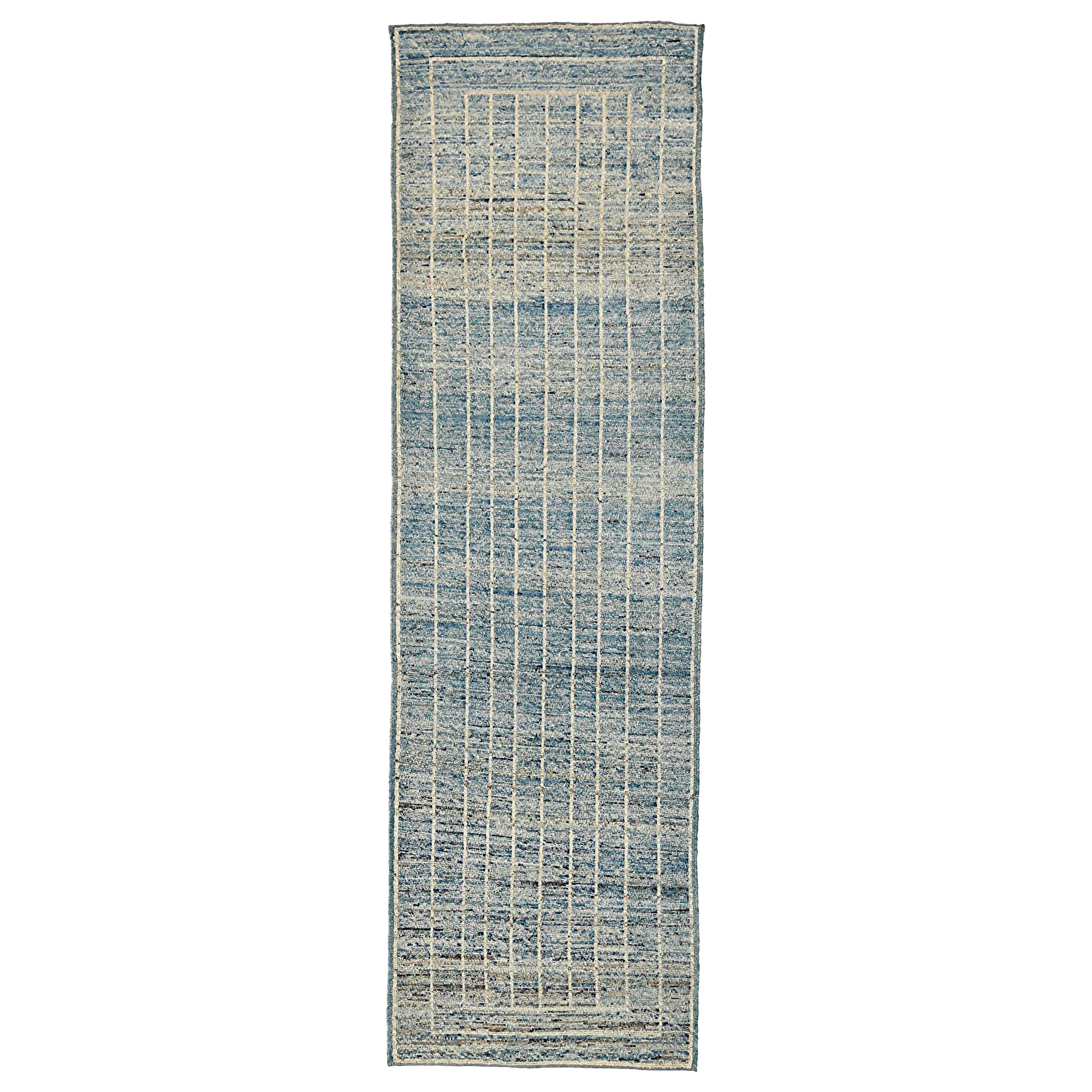 Afghanistan Moroccan Runner Rug Circa 1990 - Wool Blue Ivory Design - 90478