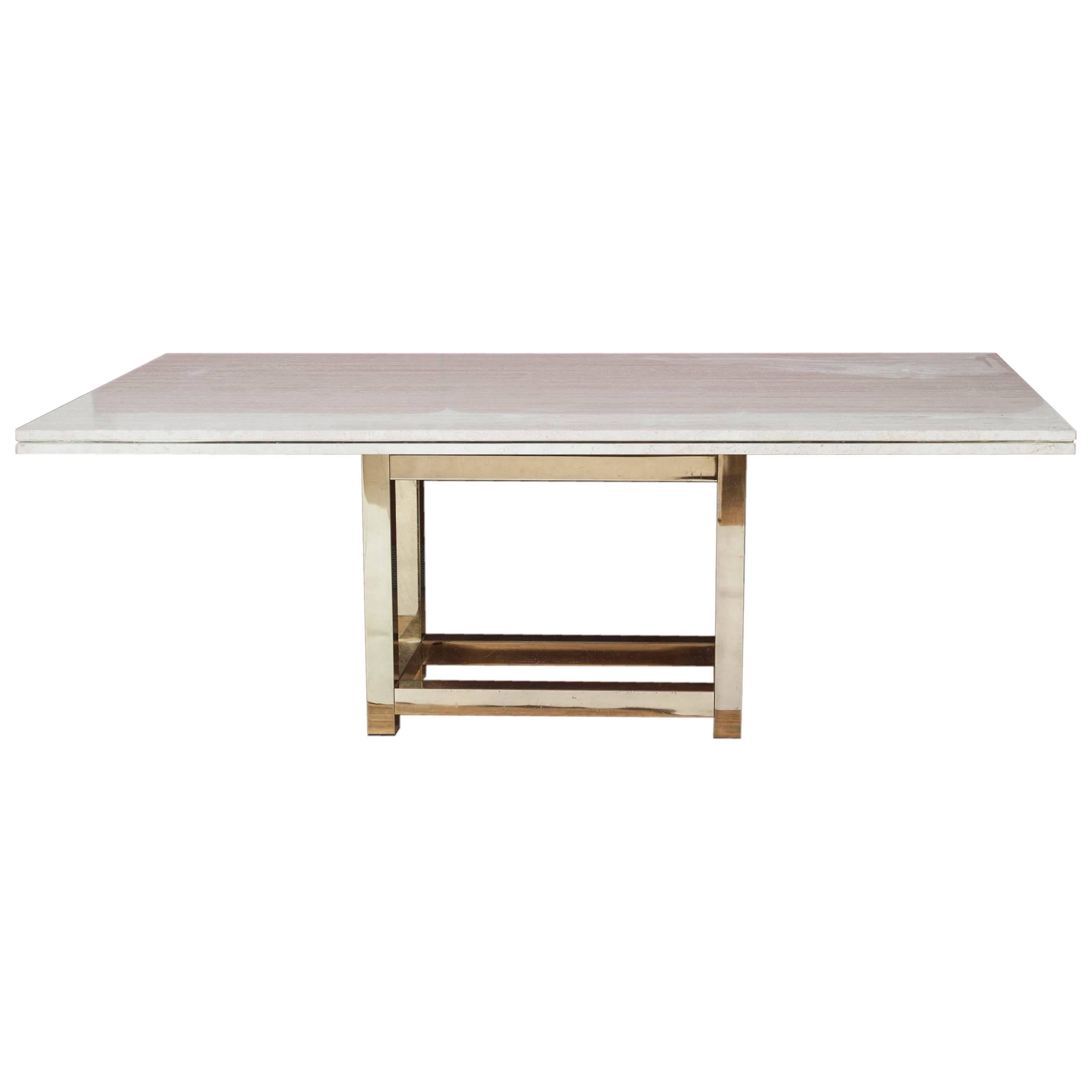 Hollywood Glam Dining Table with Brass Base and Travertine Top