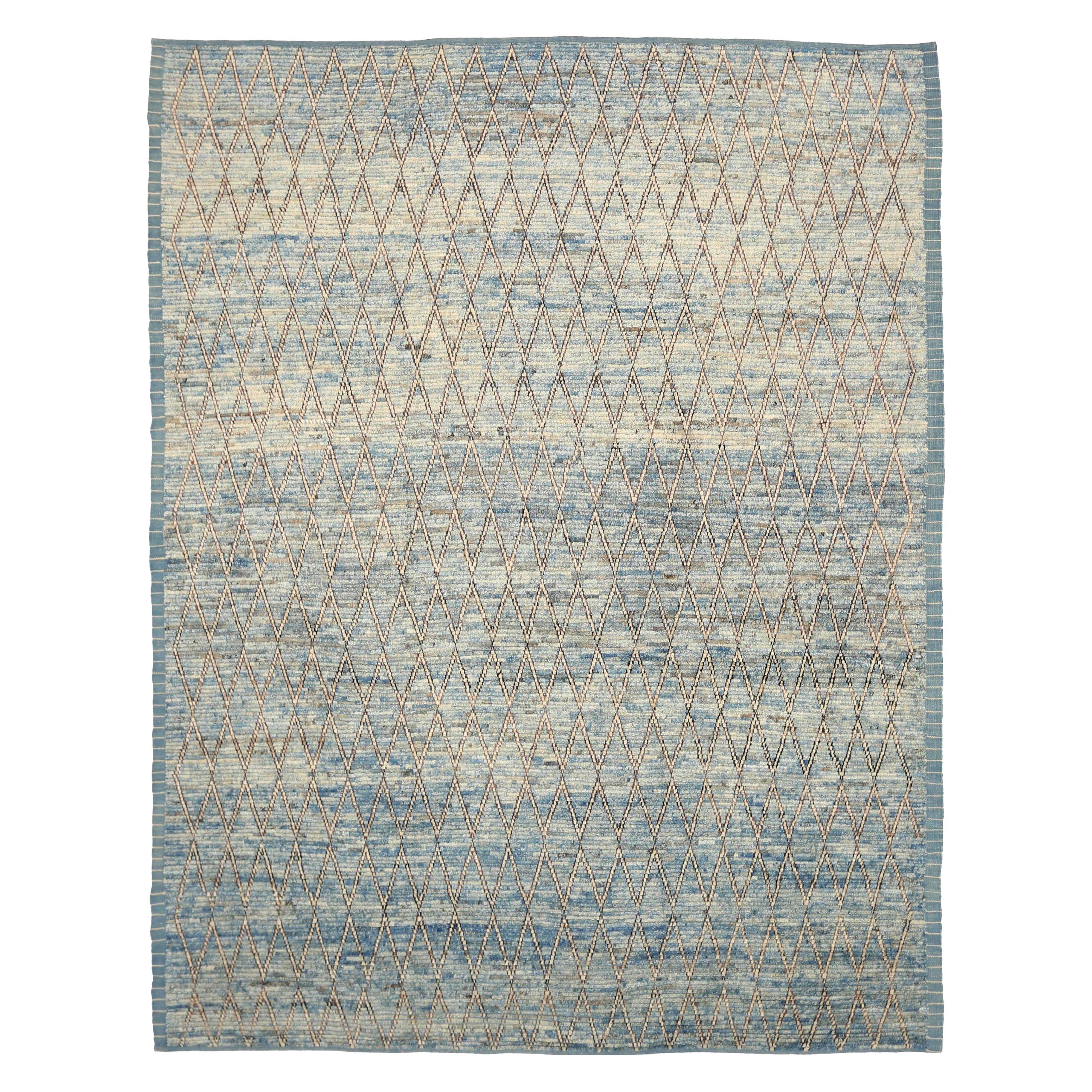 Afghanistan Moroccan Area Rugs Circa 1990 - Wool Blue Ivory Design - 90496 For Sale