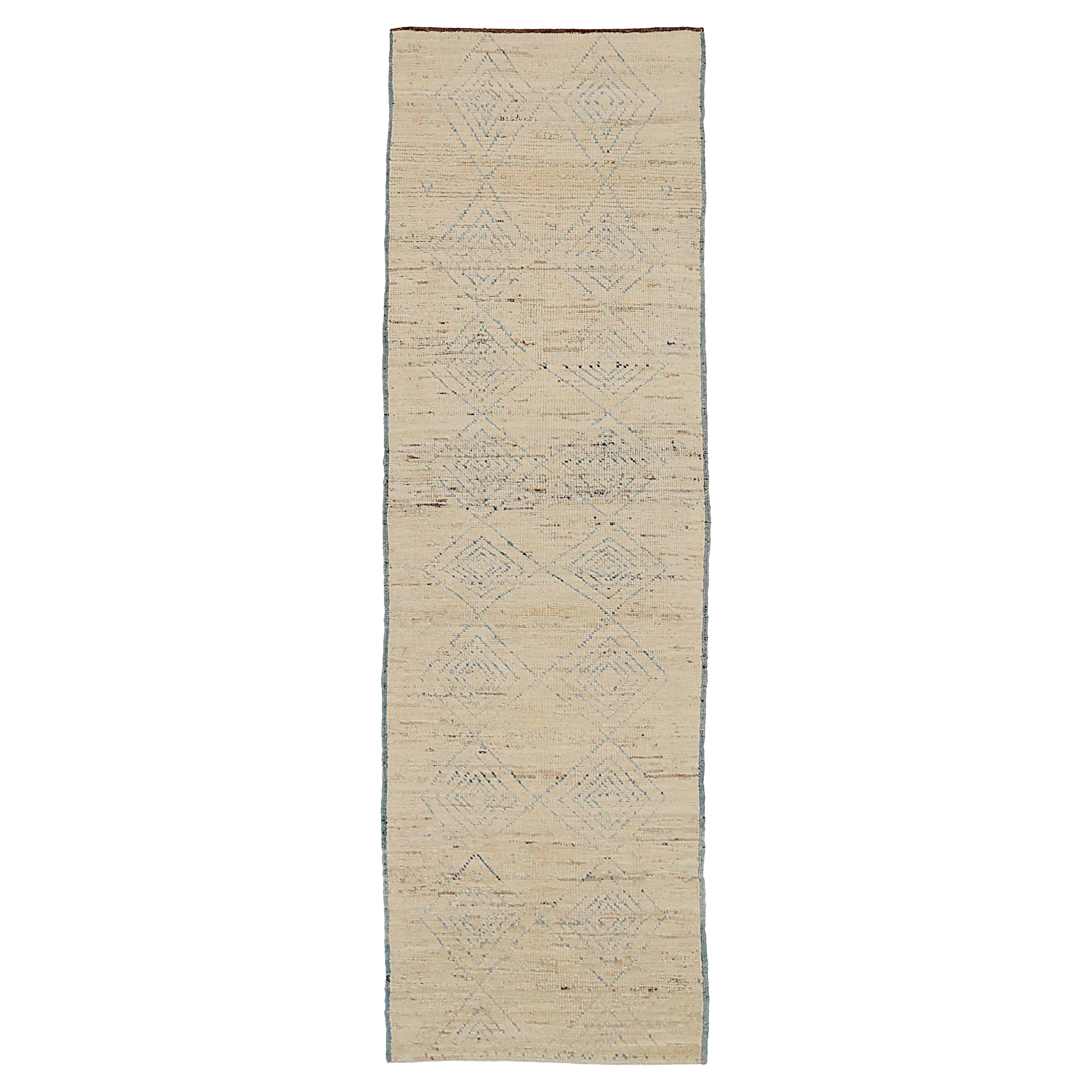 Afghanistan Moroccan Runner Rug Circa 1990 - Wool Blue Ivory Design - 90526 For Sale