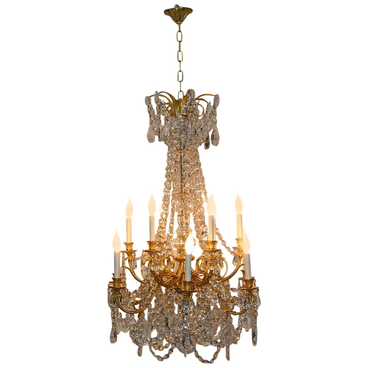 Lustre Empire français à 12 bras en cristal et bronze doré