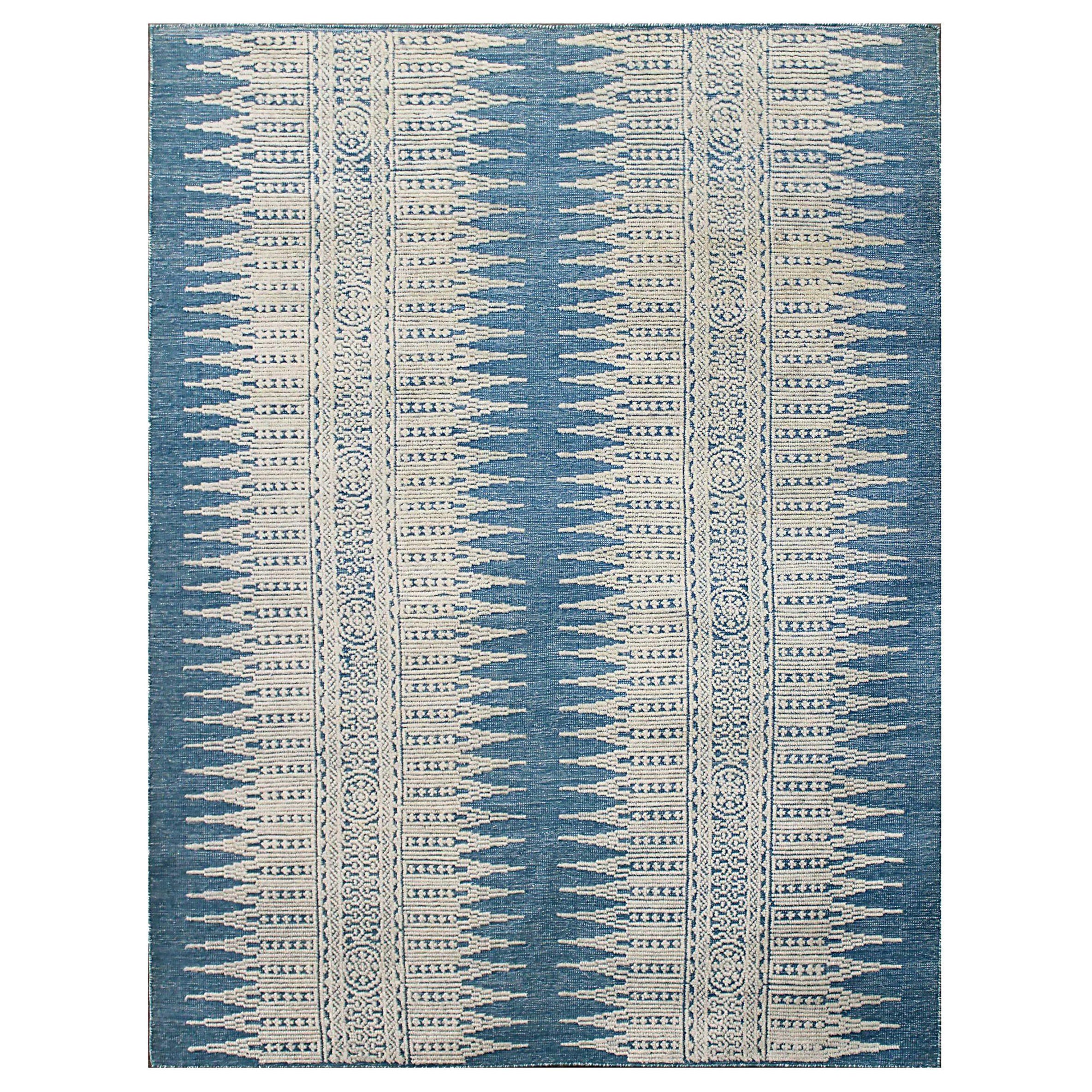 India Rabat Area Rugs Circa 1990 - Wool Blue Ivory Design - 90609