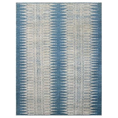 Tapis de Rabat indiens vers 1990 - Design en laine bleu ivoire - 90609