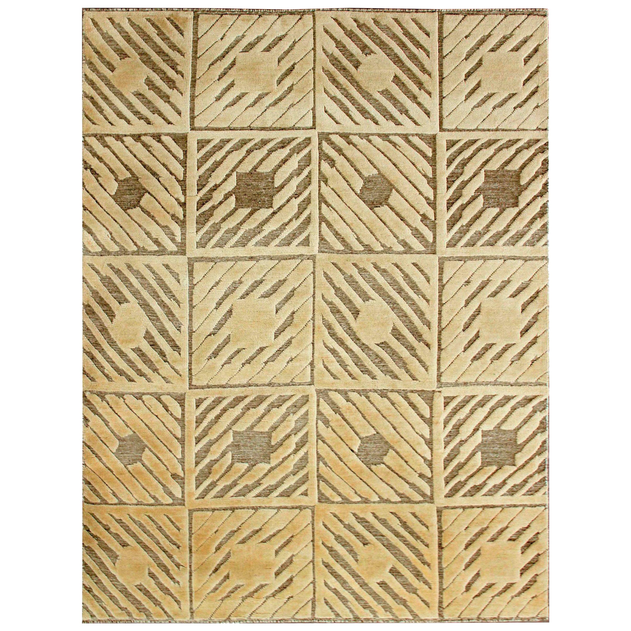 India Small Rug Circa 1990 - Wool Brown Yellow Design - 90600